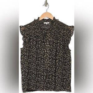 Pleione Smocked Yoke Floral Tie Neck Blouse